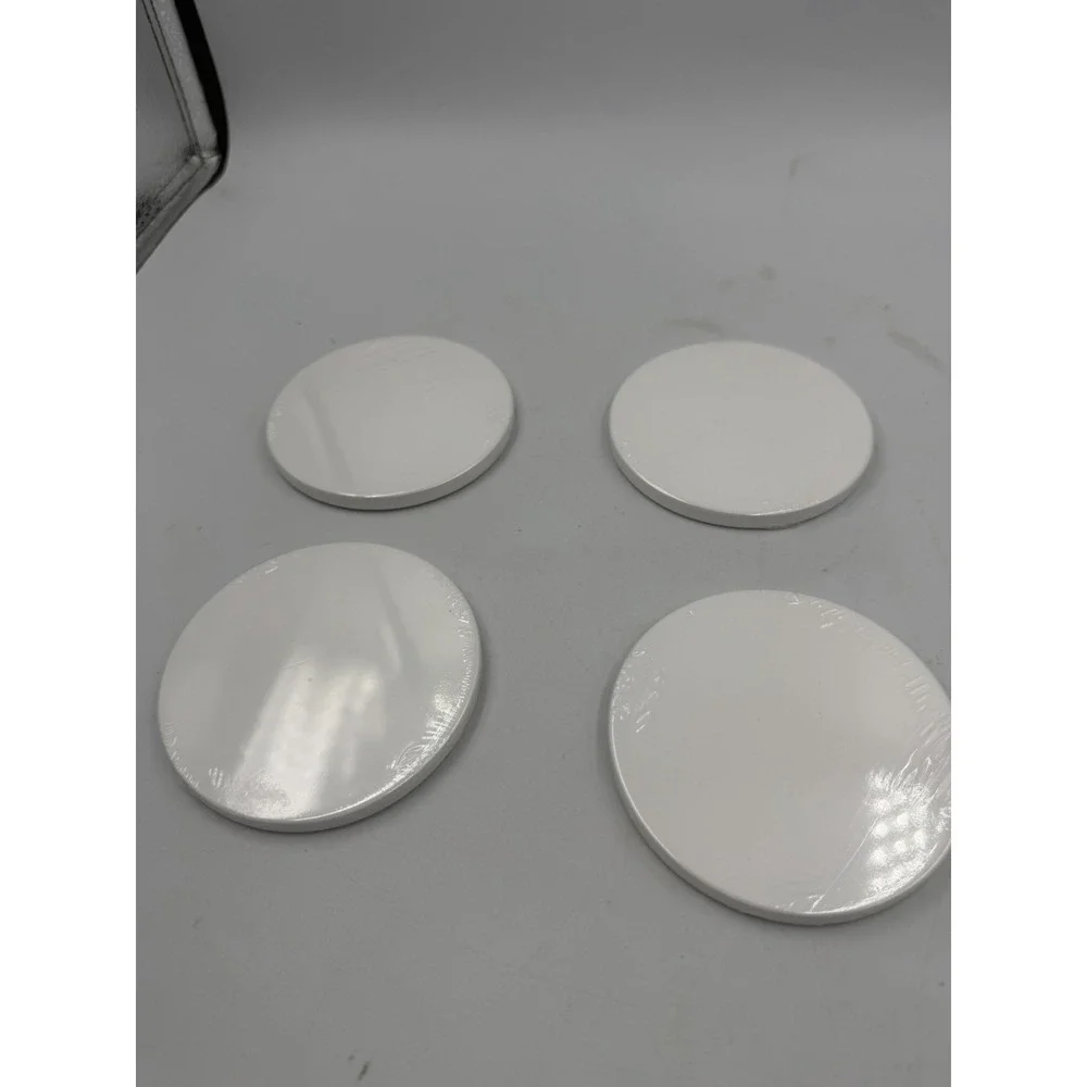 Set Of 4 Sealed Ceramic White Disc Coasters 3.5in Rounds 1/4